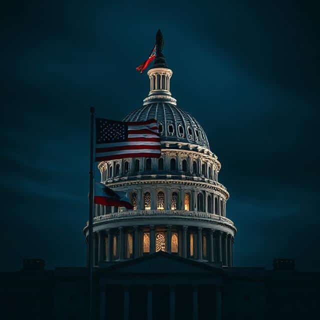 American flag and United States Capitol dome at night