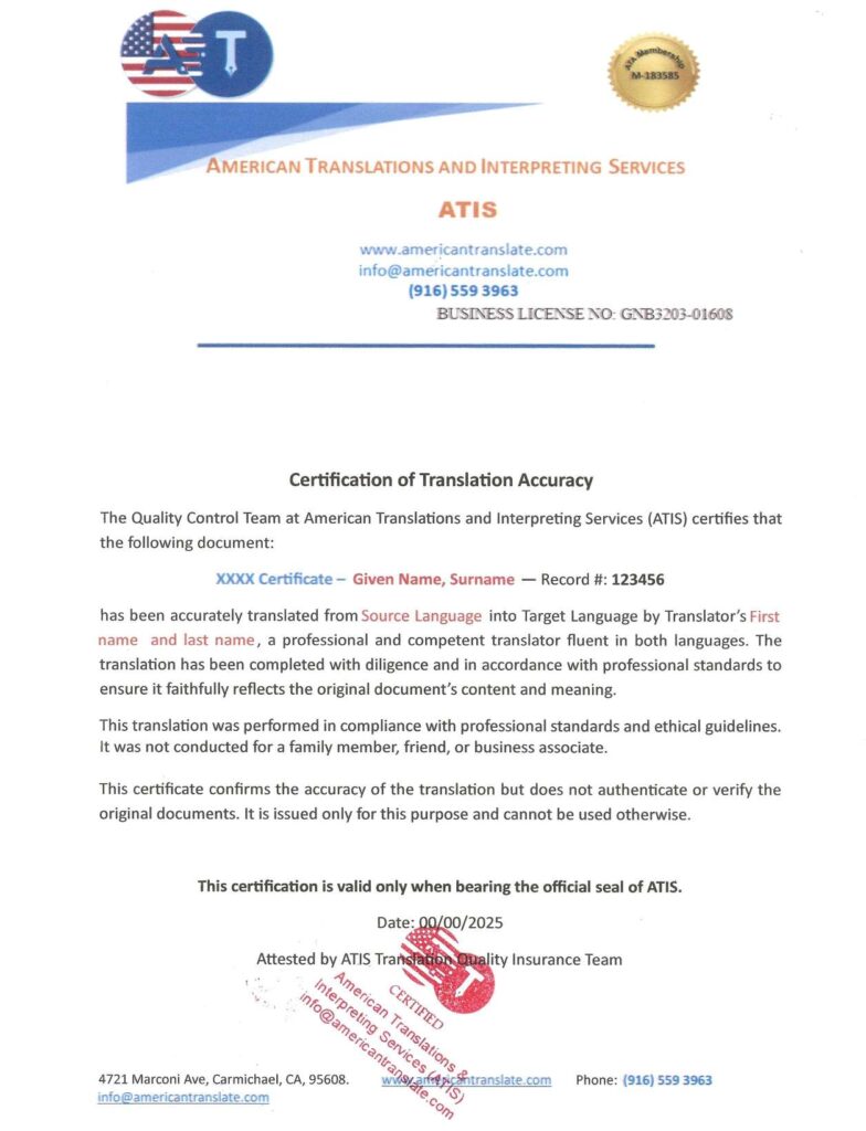 Certificate of Accuracy provided with certified translations for USCIS and legal use