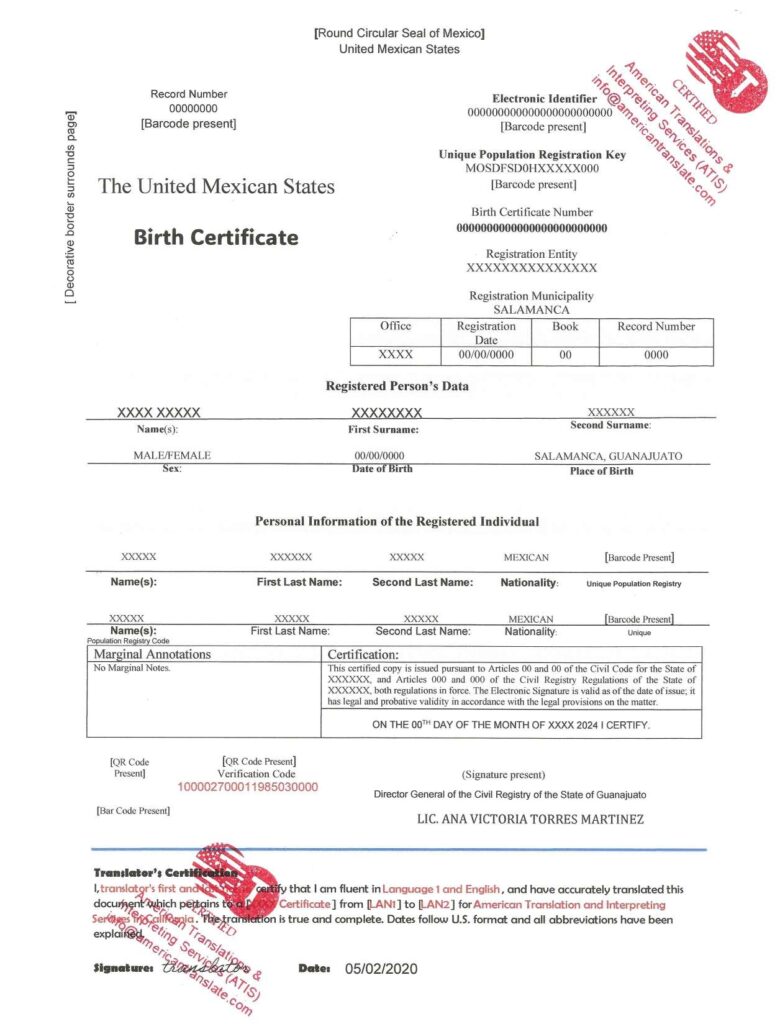 Sample of a certified birth certificate translation for USCIS submission