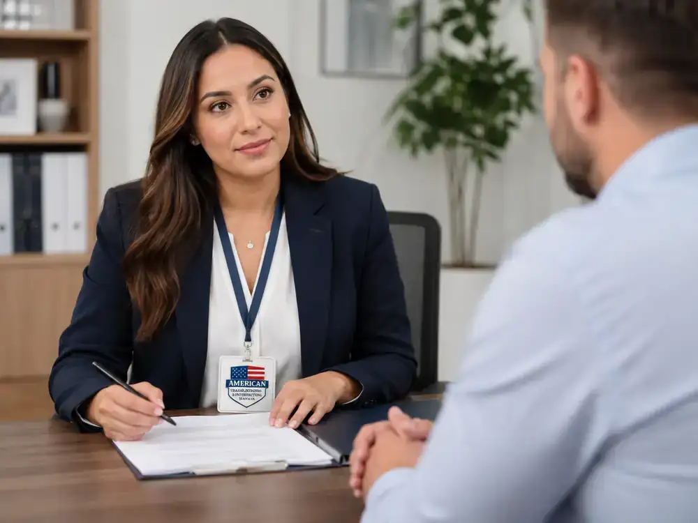 Professional immigration interpreter in Sacramento wearing an interpreter identification badge